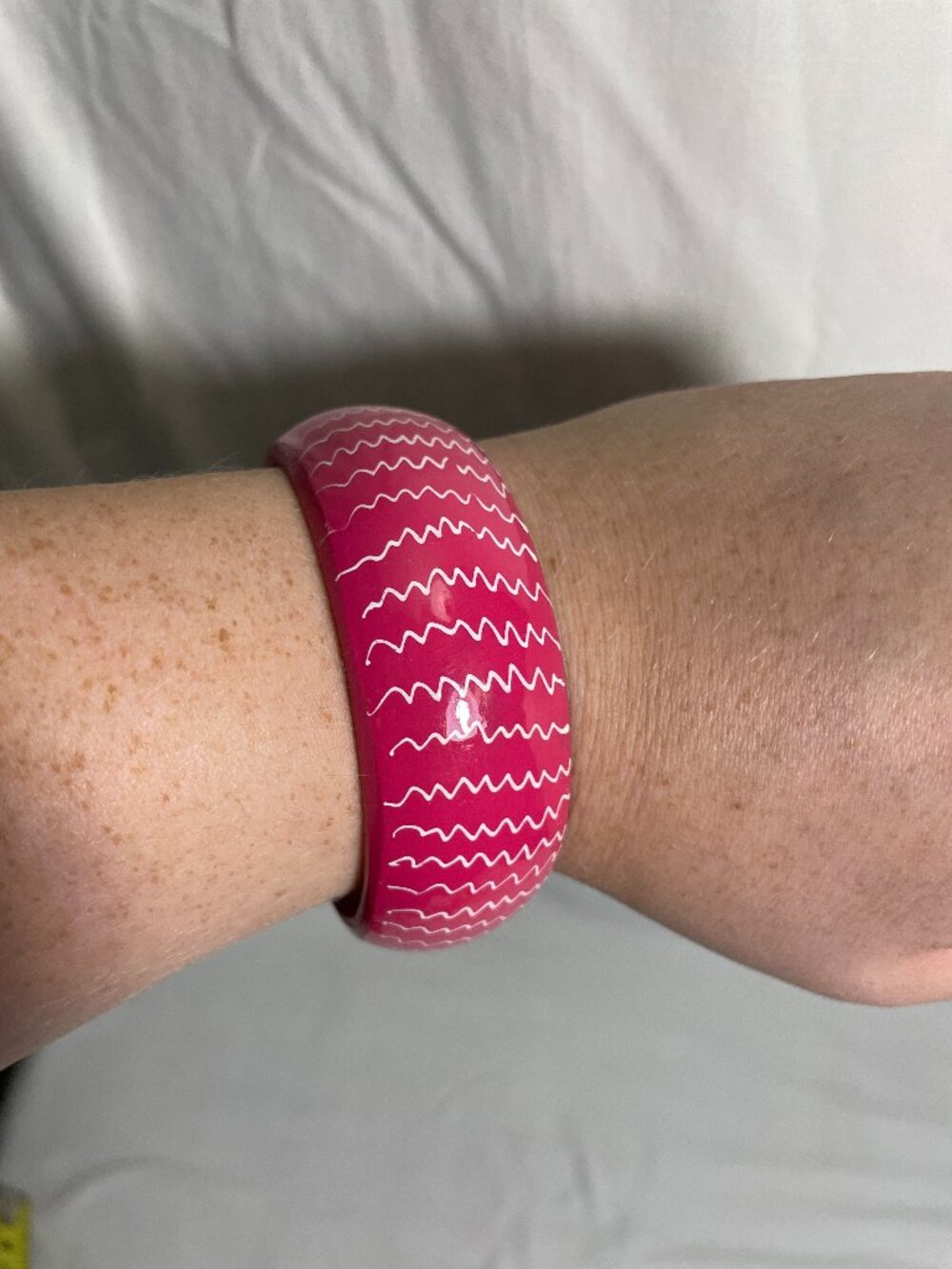 Vintage Pink Wooden Bangle Bracelet White Squiggle Design Taiwan ROC Wide